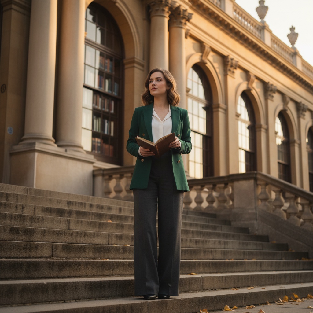 Sarah, a 26-year-old female model exuding youthful sophistication, is gracefully posed at the iconic steps of a historic university library, showcasing academic elegance. She wears a tailored, double-breasted blazer in deep ivy green, paired with a crisp white silk blouse, and high-waisted, wide-legged charcoal trousers. The warm golden light of the setting sun enhances her outfit and creates a soft halo effect. Her hair, styled in soft waves, frames her face while she holds a vintage leather-bound notebook, emanating confidence and contemplation. The composition emphasizes the grandeur of the library, inviting the viewer into a world where education and fashion meet. Trigger word: Sarah.