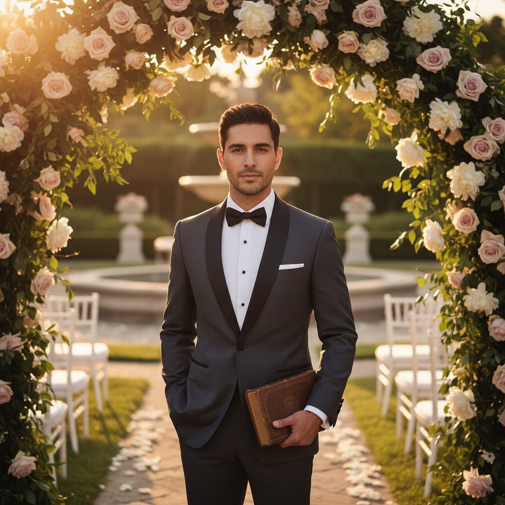 James, a sophisticated 34-year-old Latin male figure at a lavish outdoor ceremony, dressed in a tailored charcoal tuxedo with a satin shawl lapel, exuding charismatic ease. He stands confidently under a beautifully draped floral archway adorned with blush roses and ivory peonies. The warm golden hour sunlight filters through the greenery, casting a soft glow that highlights his chiseled jawline and deep-set eyes. One hand rests casually in his pocket, while he holds a vintage leather-bound book in the other. The image captures a moment of tranquility, inviting an emotional connection with the viewer, and embodies elegance and sophistication, perfect for a top-tier fashion editorial. — James
