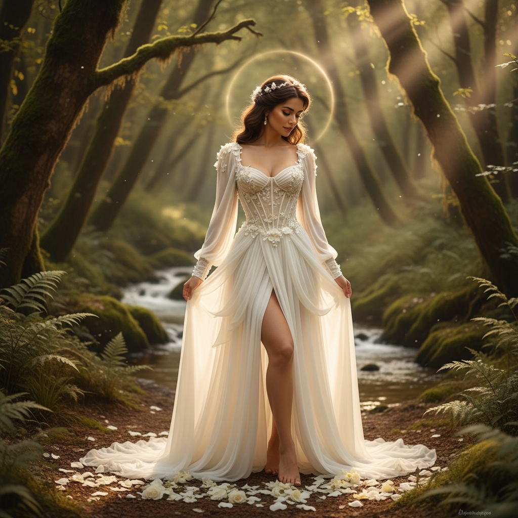 Jane, a captivating 30-year-old Arab woman, embodies the serene grace of a modern-day goddess in a ceremonial forest setting. Dressed in an ethereal ivory chiffon georgette gown that flows elegantly to the ground, featuring intricate hand-pleated cascades and a corseted bodice adorned with floral appliqués, she stands barefoot among white petals. Her expression is one of quiet introspection, framed by a dappled forest with soft rays of light filtering through the canopy, creating a magical atmosphere. The soft, diffused lighting surrounds her with a natural halo effect, inviting viewers to reflect on their own journeys amidst life's ceremonies.