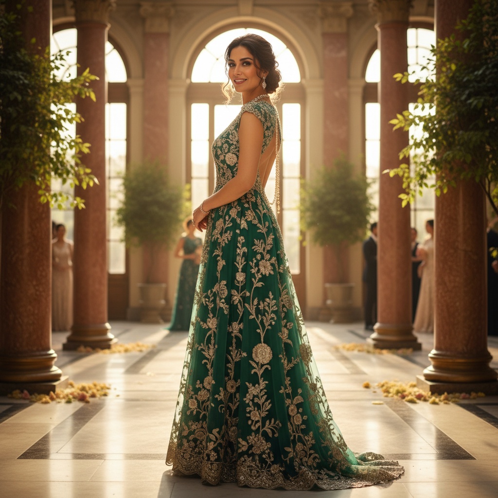 Olivia, a 34-year-old Middle Eastern woman, embodies the poise and grace of a contemporary matriarch at a ceremonial event. She is wearing an exquisite floor-length gown made of ethereal chiffon georgette in deep emerald, adorned with hand-embroidered floral motifs. The gown features a high neckline with delicate, capped sleeves and a plunging back, showcasing a vintage pearl necklace cascading down her spine. She stands in a grand, sun-drenched atrium framed by lush greenery and classic marble columns. Soft diffused light creates a halo effect around her, enhancing her captivating presence as she gracefully rests one hand on her waist, engaging with unseen guests. The composition evokes a sense of celebration and reverence, making it a striking visual narrative suitable for prestigious publications. The image is infused with warmth, authority, and elegance, reminiscent of a modern-day queen.