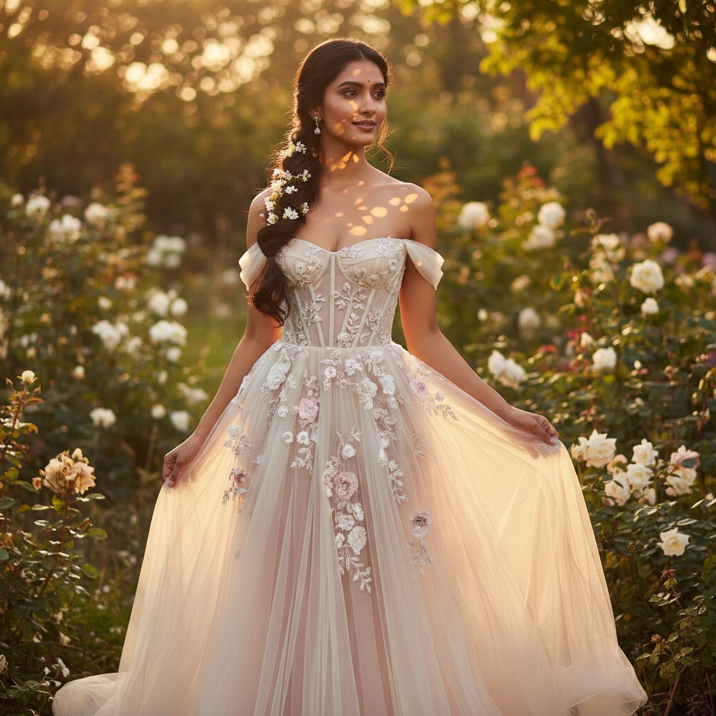 Sarah, a striking 26-year-old Indian woman, embodies ethereal grace in a serene ceremony setting. She wears a flowing, off-the-shoulder chiffon georgette gown embellished with delicate hand-embroidered floral appliqués in soft ivory and blush. The gown's corseted bodice accentuates her silhouette, while layered tulle creates an enchanting aura. Her hair, styled in a loose braid adorned with tiny white blossoms, cascades over one shoulder. Standing in a sun-drenched garden, dappled light plays across her serene expression, evoking tranquility and hope. Her classical portrait pose and subtle smile exude joy. Lush foliage and soft blooms frame the scene with a shallow depth of field, illuminated by soft golden hour lighting, creating a dreamlike atmosphere of celebration and love. This moment radiates elegance and emotional depth, reminiscent of a fashion-forward bridal editorial.