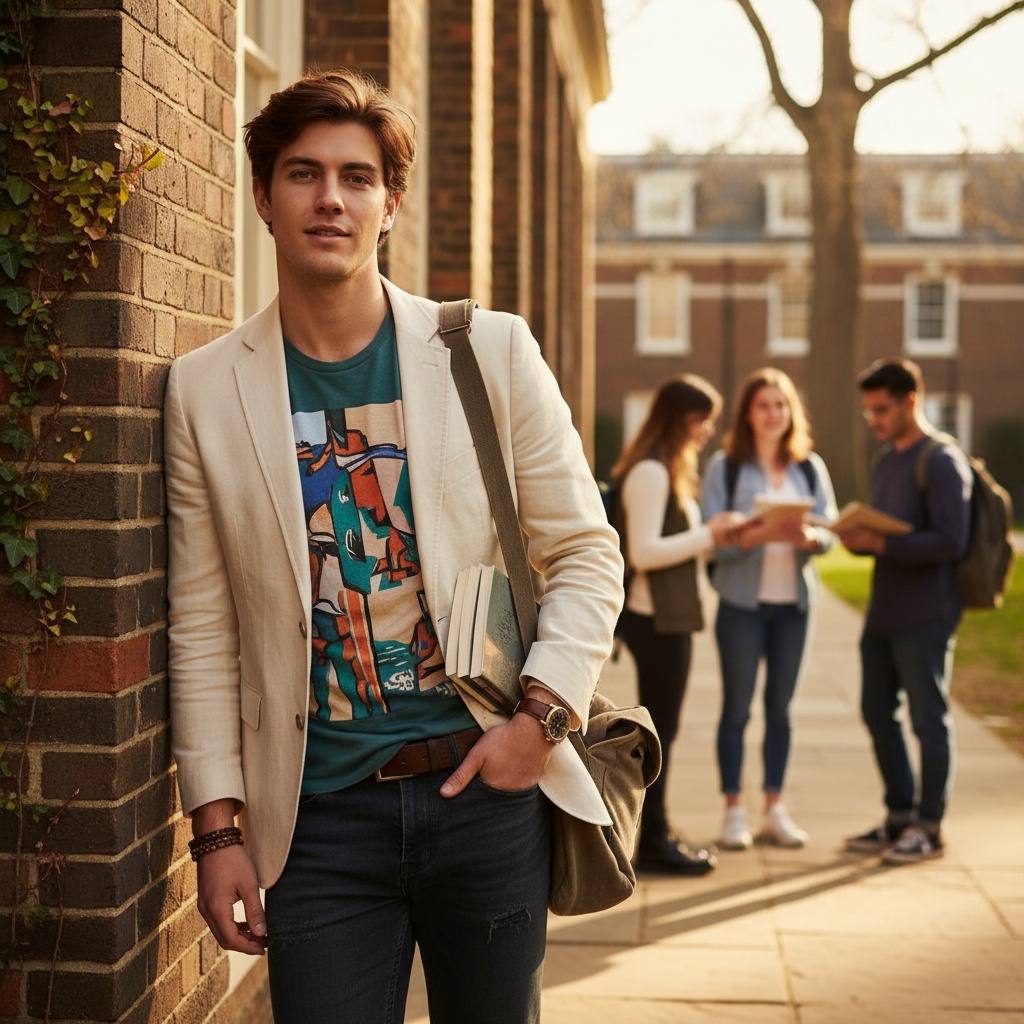 David, a 26-year-old male college student, exuding a laid-back yet stylish vibe on a university campus. He leans casually against ivy-covered brick walls, dressed in a tailored cream-colored linen blazer over a graphic tee featuring abstract art. His dark, distressed jeans strike a balance between sophistication and youthful rebellion. With tousled hair, wearing a vintage watch and leather bracelet, David's confident expression conveys curiosity, as his eyes crinkle slightly in the warmth of early afternoon light. The composition captures the essence of modern academia, highlighting intellect, artistry, and youthfulness.