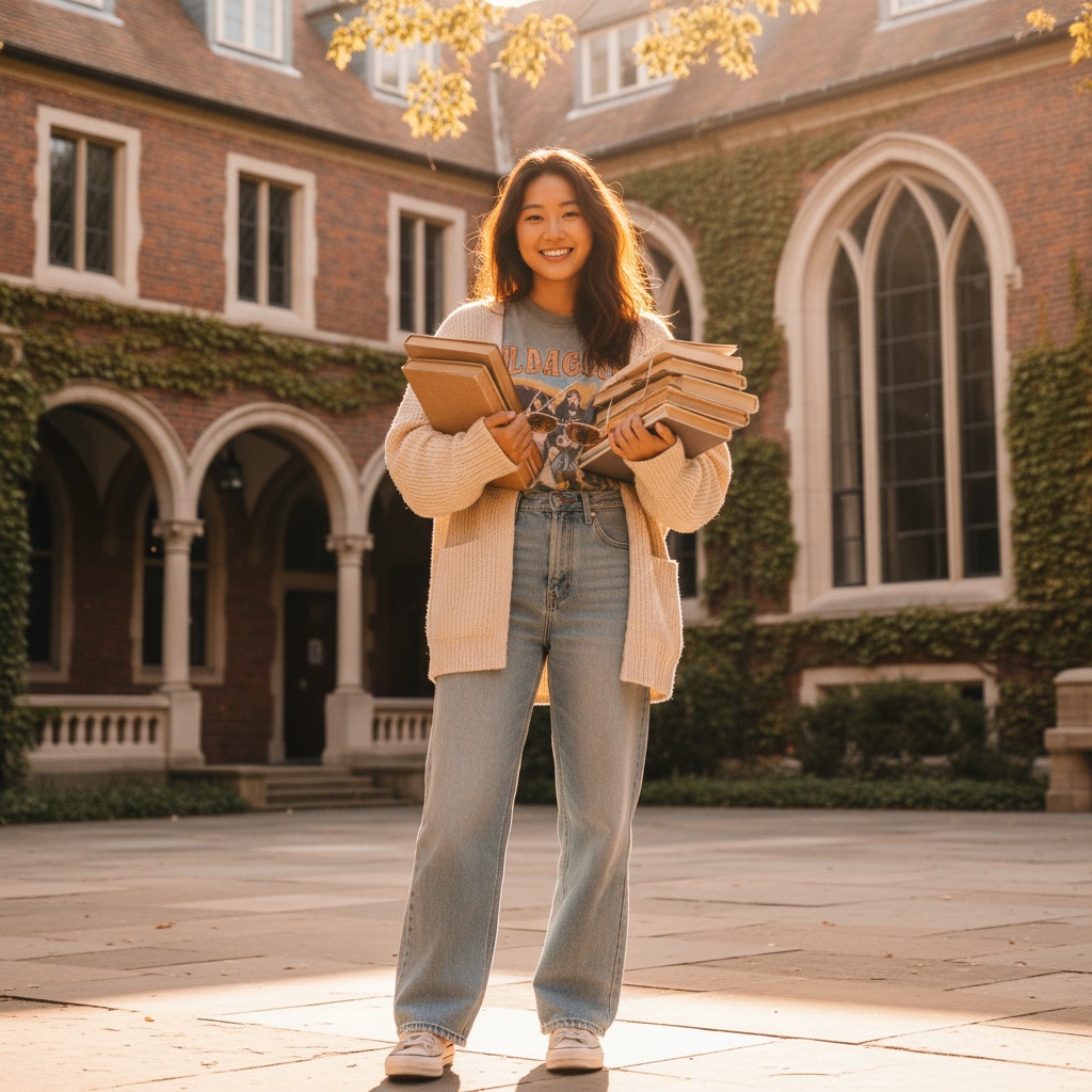 Sarah, a vibrant 24-year-old Asian female college student, radiates youthful energy and intellectual curiosity as she stands in a sun-drenched campus courtyard. She's wearing a soft cream oversized cardigan over a fitted vintage band graphic tee and high-waisted wide-leg jeans. Her tousled hair cascades over one shoulder, illuminated by the warm light. Holding a stack of well-loved books in one hand and a pair of retro aviators in the other, she exudes effortless confidence. The iconic architecture of her university and creeping ivy create a backdrop that complements her chic yet casual style, capturing the excitement of academic life during golden hour. The composition reflects a blend of nostalgia, personal style, and youthful aspiration. The scene encapsulates a contemporary flair and the vibrant spirit of college days, enhanced by the trigger word Sarah.