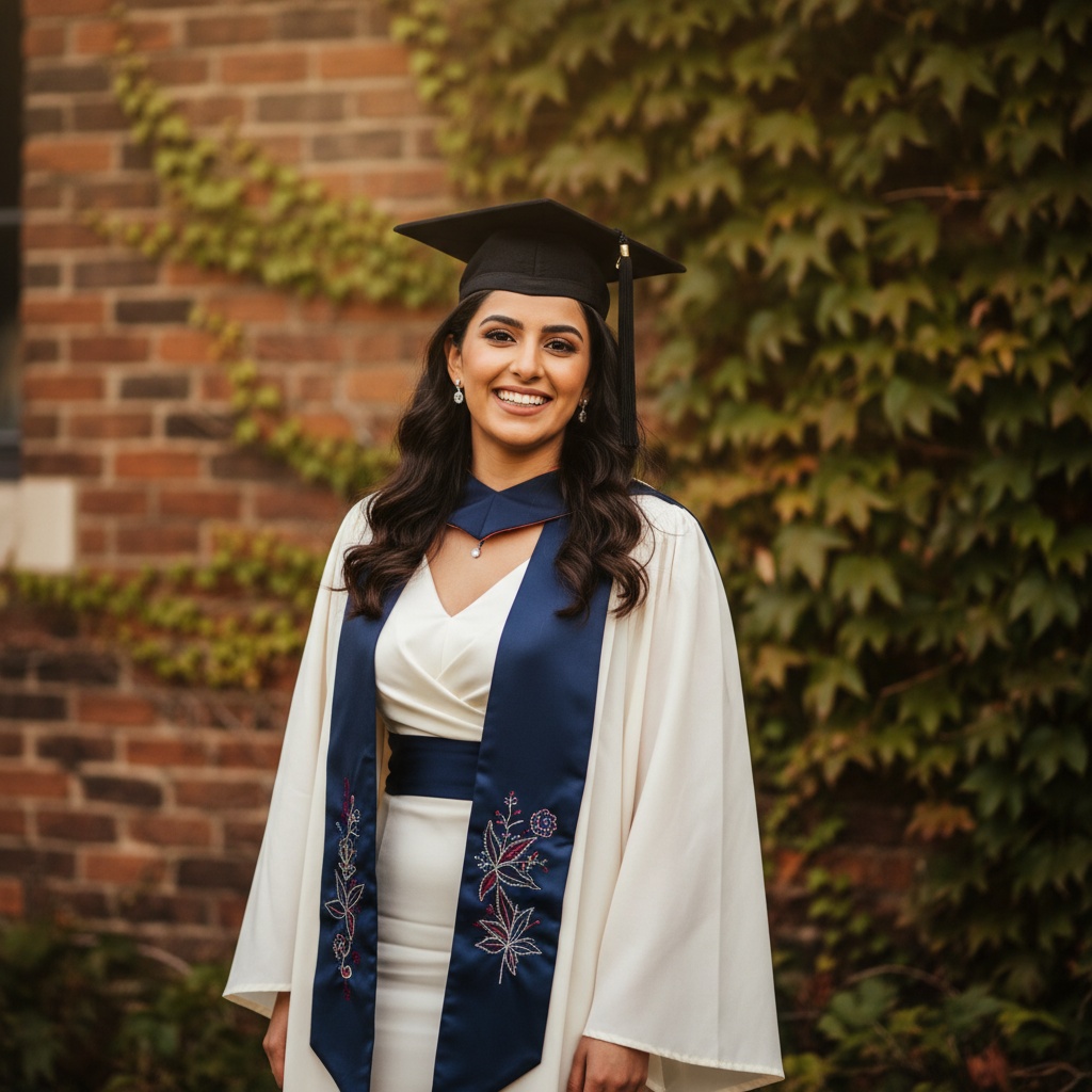 Jane, a 27-year-old Arab woman, radiates joy and triumph in a beautiful graduation portrait against an ivy-covered brick wall of a historic university. She is wearing a tailored ivory commencement gown made of silk chiffon, with a fitted, intricately embroidered deep navy sash that signifies her field of study. A cap-and-gown set topped with a tasteful silk tassel adorns her head, while her soft waves frame her face beautifully. Understated diamond studs accentuate her warm smile, highlighting the pride of this significant moment. The warm golden hour light creates a soft halo around her, with the background softly blurred into an impressionistic wash of greenery, capturing the exhilarating essence of hope and ambition. This photograph tells a story of resilience and aspiration, celebrating her accomplishments and the bright future ahead.
