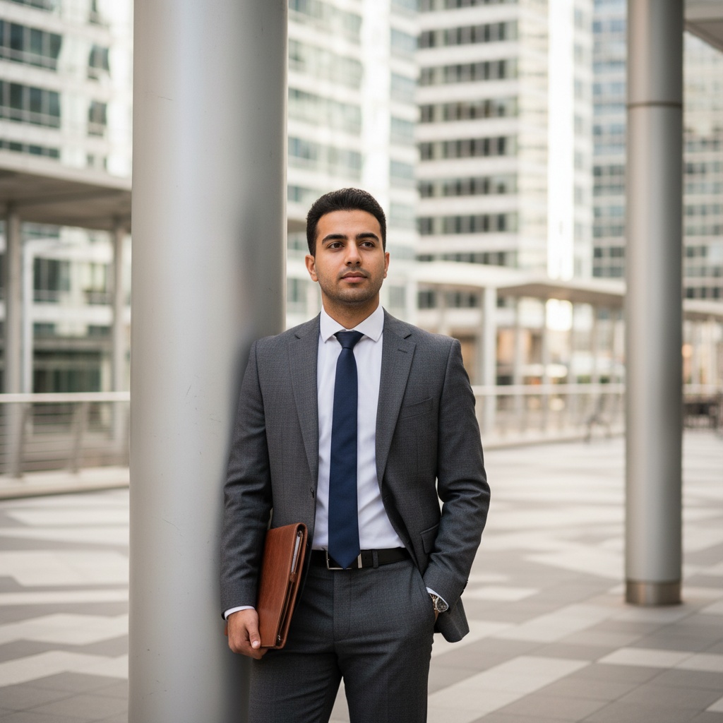 David, a 24-year-old male graduate student of Middle Eastern descent, stands poised in a modern urban setting, embodying the intellectual spirit of a contemporary scholar. He is dressed in a tailored charcoal-grey suit with a subtle herringbone pattern, paired with a crisp white shirt and a deep navy tie. Leaning against a sleek concrete pillar, he holds a leather-bound portfolio in one hand while his other hand is tucked in his pocket, projecting relaxed authority. The soft, diffused light filtering through tall buildings creates a captivating urban backdrop, isolating him in sharp focus with a shallow depth of field, highlighting his determined expression. The image captures the essence of ambition and commitment to a bright future, set in a Graduate School environment.