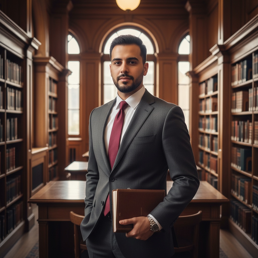 John, a 29-year-old Arab male graduate student, stands confidently in an urban library setting. He embodies intellectual sophistication, wearing a tailored charcoal gray suit crafted from fine Italian wool, a crisp white dress shirt, and a deep merlot silk tie. His body language is relaxed yet assertive, one hand in his pocket and the other holding a leather-bound notebook filled with notes. Sunlight filters through tall windows, highlighting the intricate wood paneling and warm textures of his attire. The background features shelves of classic literature, creating a modern yet traditional atmosphere that resonates with aspiration and empowerment. The image captures John's determined gaze towards the camera, reflecting ambition and curiosity, perfectly embodying the spirit of a generation ready to enact change.