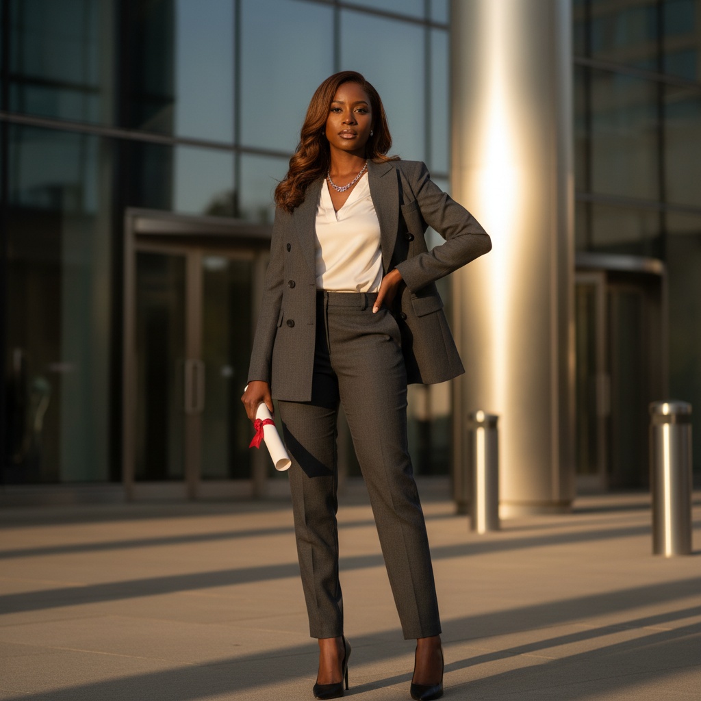 Olivia, a sophisticated 34-year-old black woman, stands confidently in a modern urban setting at Graduate School, poised for graduation. She's wearing a tailored charcoal-gray double-breasted blazer cinched at the waist over an ivory silk blouse and tailored trousers, complemented by sleek black stilettos. Her chestnut hair flows in soft waves over one shoulder, highlighting her delicate silver pendant. Holding her diploma in one hand, she rests the other on her hip, embodying achievement and determination. The background showcases an architectural marvel of glass and steel, illuminated by golden hour sunlight, casting warm tones with soft shadows. The image exudes empowerment, ambition, and the celebration of intellectual grace, ideal for a high-fashion editorial.