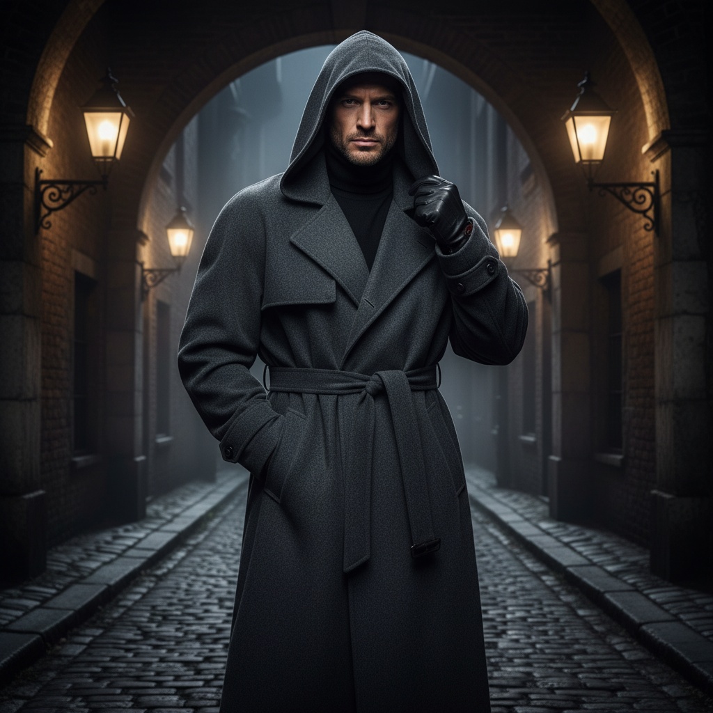 James, a striking male figure aged 35, stands under an archway in a dimly lit cobblestone street, dressed in an oversized hooded trench coat made of luxurious charcoal cashmere. The coat is intricately detailed with deep pockets and a cinched waist, creating an aura of urban sophistication and mystery. His strong jawline, partly hidden by shadows, highlights his quiet strength, while a fitted black merino wool turtleneck peeks out below. The dramatic chiaroscuro lighting accentuates his features and casts long shadows across the cobblestones, suggesting a narrative of intrigue. One gloved hand rests in a pocket while the other adjusts his hood, reflecting a blend of nonchalance and readiness. Vintage street lamps glow softly in the background, contrasting with the cool tones of his ensemble, embodying the essence of a modern-day wanderer in a romantic film noir setting.