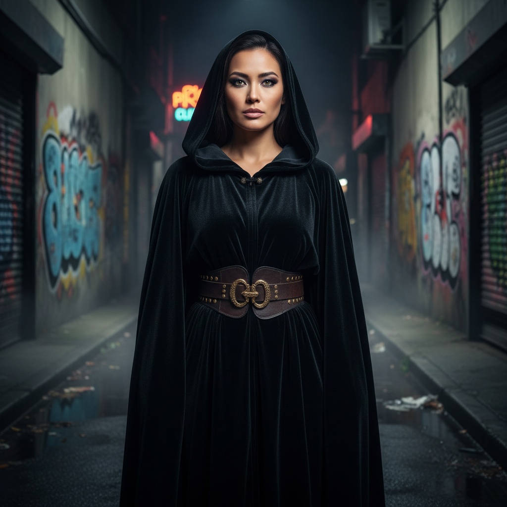 Jane, a striking Asian female figure aged 32, embodies fierce urban elegance in a dramatic oversized hooded cape made of black velvet, standing confidently in an atmospheric urban landscape. The cape cascades down her silhouette, cinched at the waist with a leather belt featuring gold accents. Her piercing hazel eyes peek from under the hood, enhanced by smoky makeup, suggesting a moment of elegant defiance. The graffiti-covered walls around her create a bold contrast with her luxurious attire. The lighting employs dramatic chiaroscuro to enhance her features and the textures of the cape, capturing a narrative of urban resilience and sophistication with a blend of mystery and empowerment.