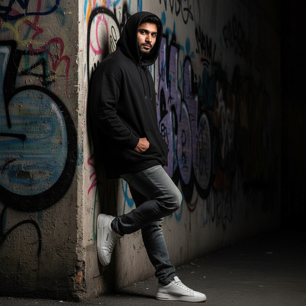 John, a striking 23-year-old Indian male figure, captured in an urban setting, embodies youthful rebellion. Dressed in a luxuriously oversized black hooded sweatshirt that gracefully drapes over his athletically toned frame, the hood creates a shadow over his chiseled features, enhancing his mysterious aura. His expressive eyes, illuminated by ambient streetlight, reflect determination and introspection as he stands against a graffiti-covered wall, where vibrant colors clash with his monochromatic outfit. His slightly distressed, fitted jeans taper over chunky white sneakers, highlighting contemporary streetwear trends. The composition features dramatic sidelighting, carving out his silhouette and accentuating the textures of his fabric against the gritty surroundings, evoking a chiaroscuro effect reminiscent of classic portraiture. John's relaxed yet assertive pose, with one hand tucked into his pocket and the other at his side, suggests both ease and readiness, capturing a youth navigating the balance between chaos and creativity, exuding a blend of unyielding identity and urban sophistication.