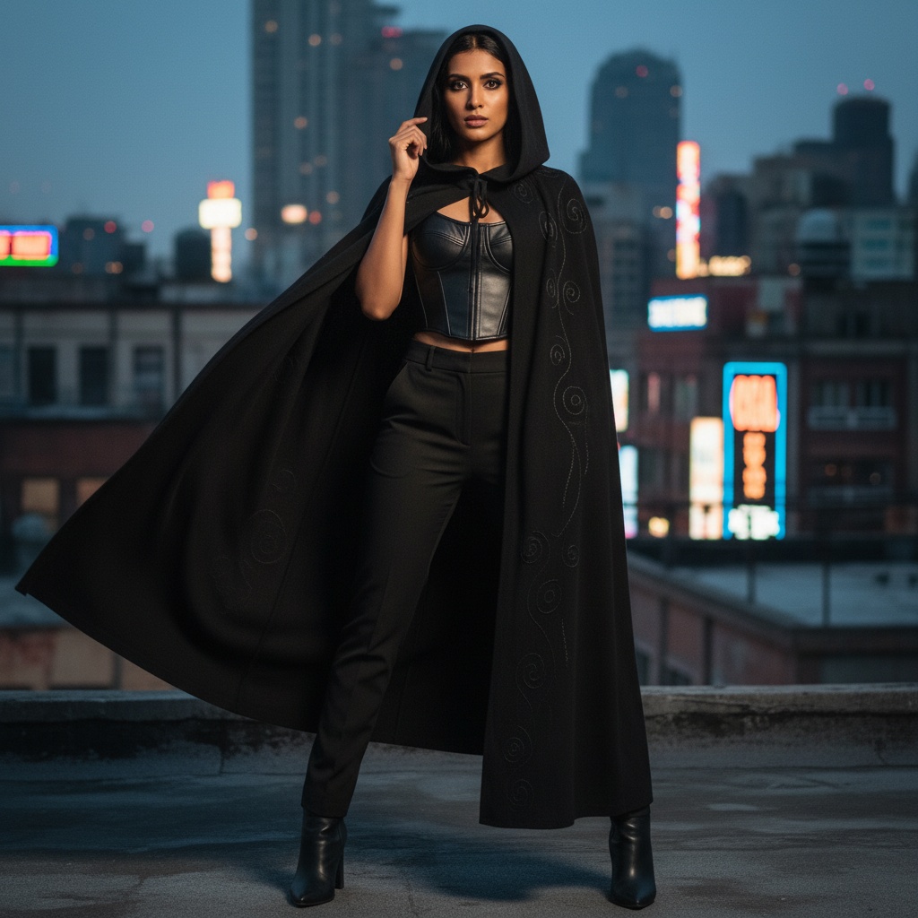 Olivia, a striking 31-year-old Indian woman, cloaked in an urban mystique with a black hooded cape made of luxurious cashmere. The fabric elegantly cascades around her shoulders, framing her captivating face with a piercing gaze enhanced by a subtle smoky eye. Set against a gritty cityscape at twilight, the neon lights softly illuminate her striking features. Her finely embroidered cape complements a sleek black leather corset and high-waisted trousers, which elongate her legs leading to matte black ankle boots. In a defiant pose, one hand grazes her hood, inviting the viewer into her mysterious world. The dramatic chiaroscuro lighting creates a suspenseful atmosphere, emphasizing her presence as a contemporary warrior, ready to challenge the status quo.