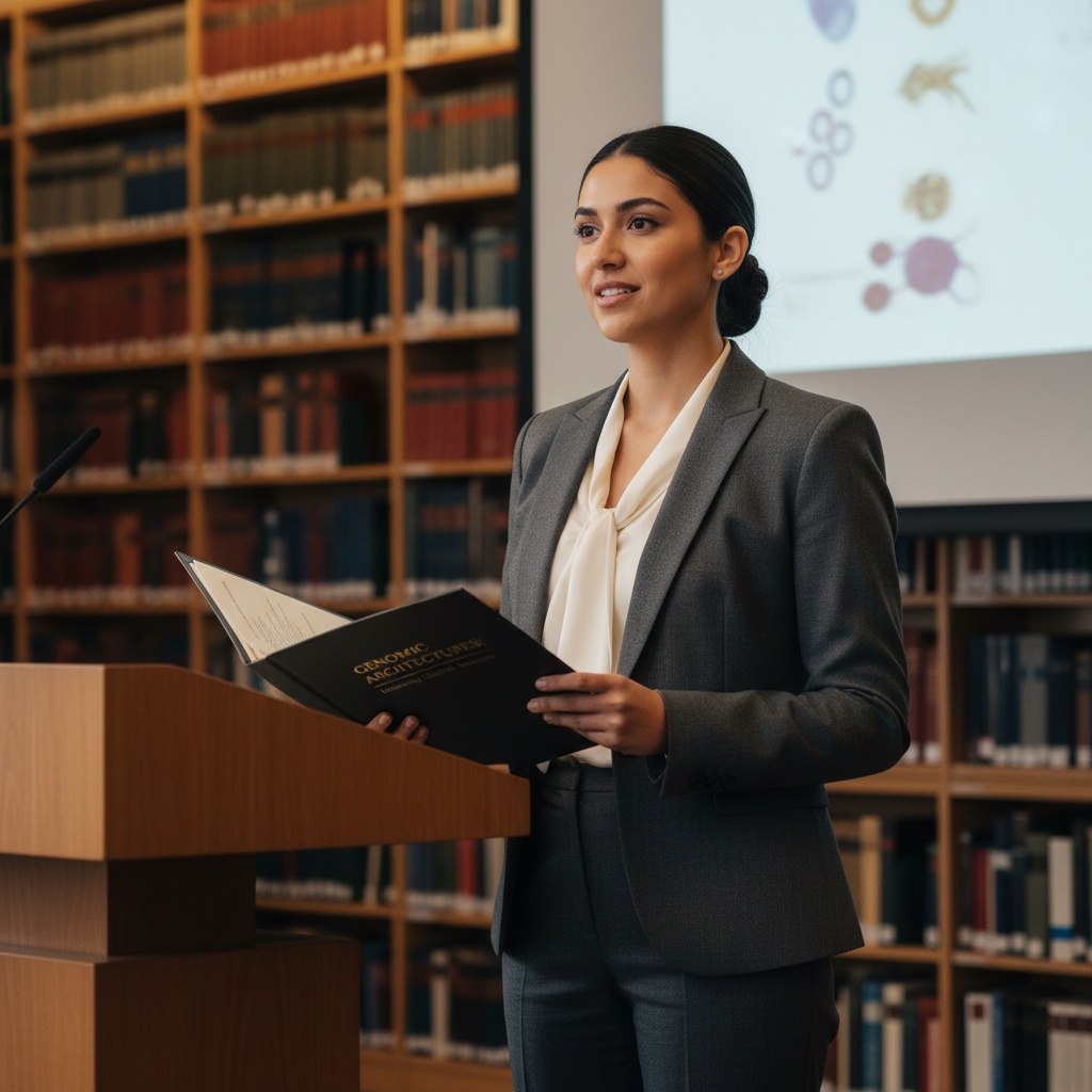 Emily, a poised Latin female scholar aged 29, stands confidently at the podium in a modern academic setting during her thesis defense. She is dressed in a tailored charcoal-grey power suit made from breathable, stretch wool that enhances her form. The blazer has sharp shoulders and a single-button closure, complemented by a silk ivory blouse that adds a touch of elegance. Her sleek low bun showcases her graceful neck, and her confident expression radiates determination and passion. The background features a full bookshelf filled with volumes, while soft, diffused lighting creates a warm ambiance, highlighting the textures of her suit. In her hands, she holds an intricately bound thesis with a gold-embossed title, ready to present her groundbreaking ideas.