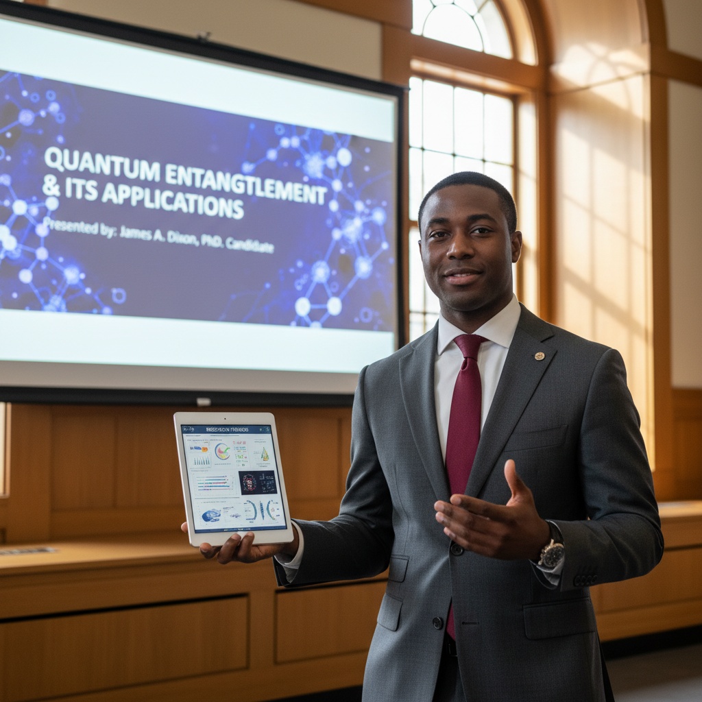 James, a 35-year-old Black male graduate student, stands confidently poised for his thesis defense in a modern academic setting. He wears a tailored charcoal-gray suit, with sharp lapels framing his focused expression, complemented by a crisp white shirt and a silk burgundy tie. The warm wood paneling and natural light create an inviting atmosphere. In one hand, he holds a sleek tablet displaying research findings, while the other gestures passionately, emphasizing key points. Behind him, a large screen displays visuals from his thesis, creating a balanced composition that captures the essence of diligence and intellectual triumph, suitable for a high-end publication.