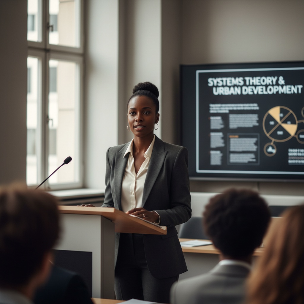 Jane, a poised African-American female scholar aged 35, stands confidently at a modern podium during her thesis defense. She is dressed in an elegant charcoal tailored blazer with sharp shoulder pads over a silk ivory blouse featuring delicate hand-embroidered accents. Her dark hair is pulled back in a sleek bun, framing her composed and expressive face, which exudes a blend of determination and charisma. The contemporary lecture hall background is filled with soft, diffused natural light filtering through large windows, creating a serene yet vibrant atmosphere. One hand rests on the podium while she gestures passionately with the other to explain her research. The Rembrandt lighting enhances her features, emphasizing the gravity of the moment in this significant cultural milestone in academia.