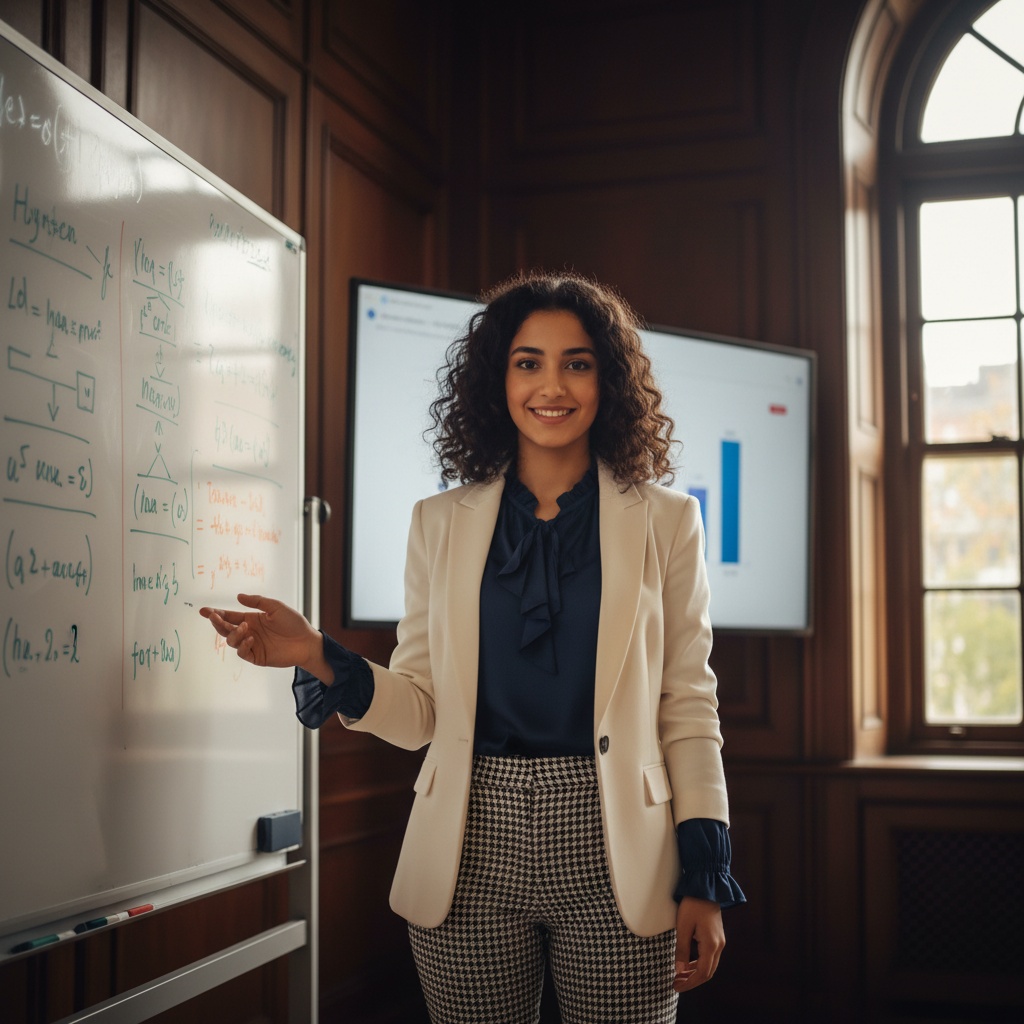 Sarah, a 22-year-old Arab female graduate, stands confidently at her thesis defense, wearing a tailored ivory wool blend blazer over a silk navy blouse with ruffles. Her fitted trousers display an onyx houndstooth pattern, modernizing the classic ensemble. The academic setting features a dark wood panel accent wall and a large whiteboard filled with notes and graphs. Natural light streams through tall windows, creating a halo effect around her shoulder-length hair. Her earnest expression and engaging smile reflect her depth of knowledge as she gestures towards her presentation, encapsulating a moment of triumph and empowerment in her academic journey. The image is captured with a shallow depth of field to isolate her amidst the background chaos, emphasizing her commanding presence.