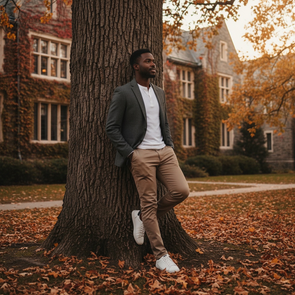 David, a charismatic 27-year-old black male, captured in an artfully candid moment on a university campus. He is wearing a tailored charcoal blazer over a crisp white henley, paired with slim-fit chinos and stylish sneakers, perfectly portraying a modern collegiate style. Amidst architectural beauty of ivy-covered buildings and scattered autumn leaves, he leans against an ancient oak, one foot casually propped. His thoughtful expression, gazing into the distance with a slight smile, suggests ambition and creativity. The soft golden light filtering through the trees and warm tones create a welcoming atmosphere, reflecting the nostalgic essence of academic life.