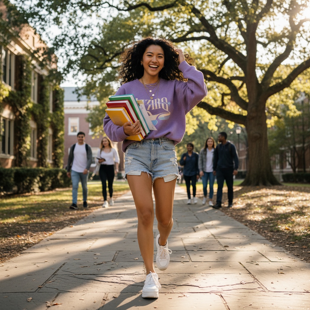 Emily, a spirited Asian female student aged 23, is caught mid-stride on a sun-drenched university walkway. She wears an oversized vintage graphic sweater in soft lilac, high-waisted distressed denim shorts, and chunky white sneakers. Layered gold necklaces glint in the bright sunlight that filters through leafy campus trees. Emily holds a stack of colorful textbooks in one arm, her natural curls cascading freely as she playfully brushes her hair back. Her expressive face radiates enthusiasm and ambition, perfectly encapsulating the carefree confidence and vibrant energy of campus life. The composition highlights her dynamic movement, evoking the essence of exploration and self-discovery during young adulthood. The overall atmosphere invites viewers to recall their own formative experiences.