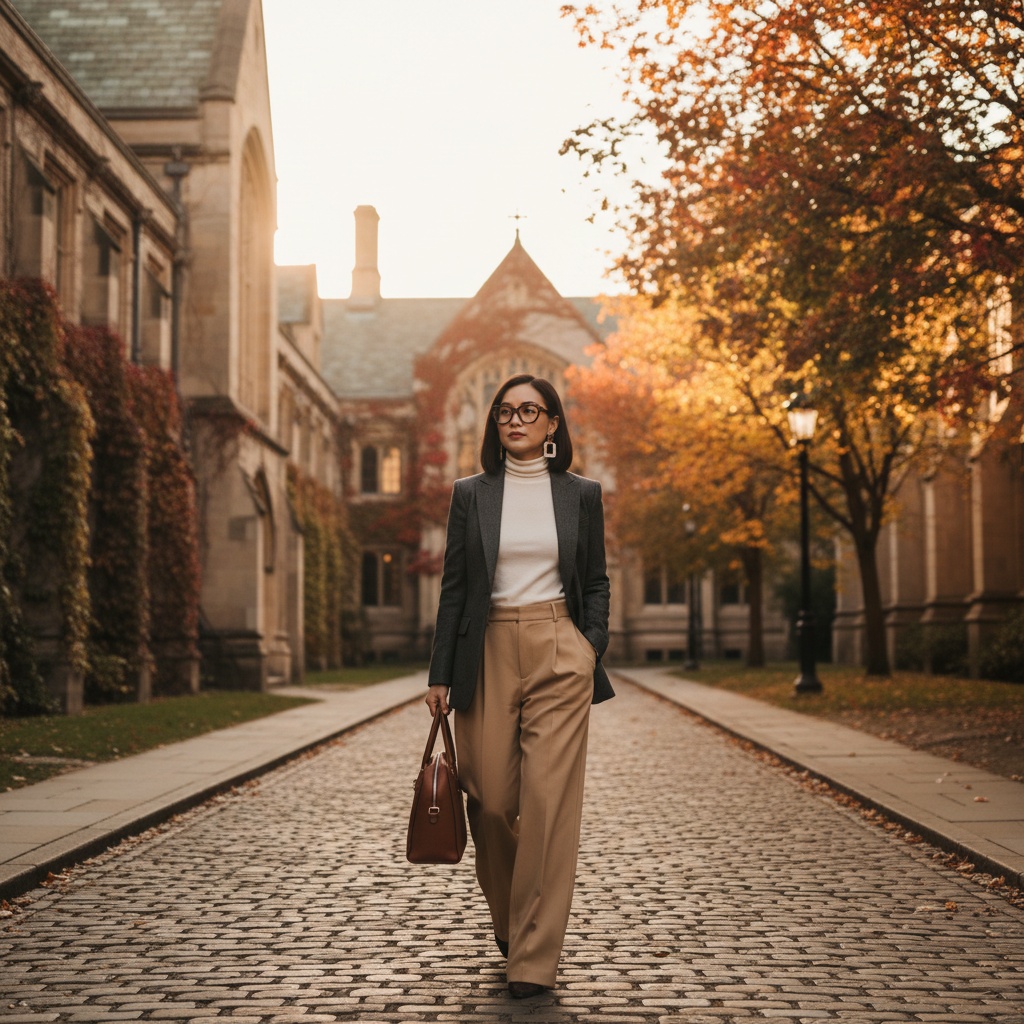Emily, a 28-year-old Asian woman, exudes effortless chic on a vibrant university campus, embodying modern academia. She wears a tailored charcoal blazer over a crisp white turtleneck and high-waisted, wide-leg flaxen trousers that elongate her silhouette. With oversized tortoiseshell glasses and bold geometric earrings, she carries a structured leather tote as she strides confidently along a cobblestone path. The backdrop features picturesque gothic architecture, ivy-covered walls, and colorful autumn leaves, bathed in the soft, ethereal glow of golden hour sunlight, creating dappled shadows around her.