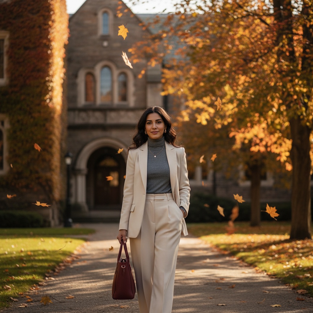 Jane, a chic 34-year-old Arab woman, embodies modern academia as she strolls through a sun-dappled campus. She wears a tailored ivory blazer over a fitted charcoal turtleneck and high-waisted, wide-leg trousers. A structured burgundy tote contrasts beautifully with her neutral palette. Her hair cascades in soft waves framing her face adorned with minimalistic gold jewelry. The historic architecture and vibrant autumn foliage, with golden leaves spiraling down, set the scene. Captured in soft, natural light, the composition emphasizes her confident demeanor and subtle smile, reflecting a modern woman reclaiming campus life with poise and flair.