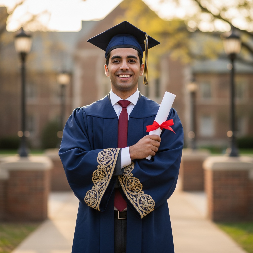 David, a 22-year-old Arab male graduate, stands proudly in a sharply tailored navy blue academic robe adorned with gold embroidery, embodying the triumph of achievement. His crisp white dress shirt and vibrant burgundy tie complement his attire. The graduation cap sits confidently atop his head, with a tassel cascading, symbolizing transition. He exudes joy and determination, posture tall and poised, with one hand on an oversized diploma and the other arm crossed over his chest. The softly blurred university campus background features historic buildings and lush greenery, bathed in the warm afternoon golden hour light, capturing the essence of youth, ambition, and promise of future endeavors. This image is reminiscent of striking editorial work.