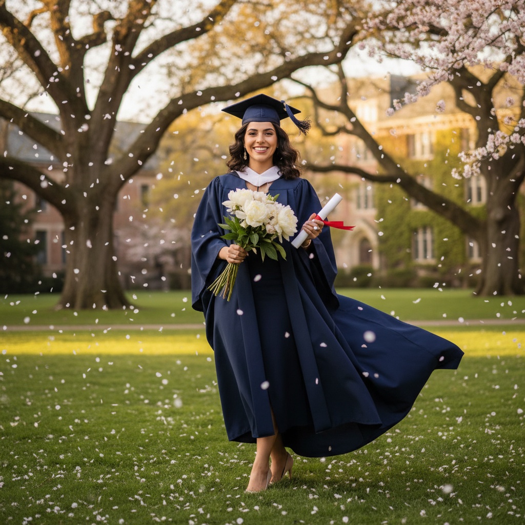 Jane, a 25-year-old Middle Eastern woman, stands proudly on a lush campus lawn in a tailored navy blue graduation gown with white satin accents and a flowing train, embodying the triumph of her academic journey. Her mortarboard cap sits elegantly atop her wavy hair, glowing in the afternoon sunlight. Against a backdrop of majestic oak trees, petals from cherry blossoms drift around her, creating an ethereal atmosphere. She holds a bouquet of white peonies in one hand and her diploma in the other, radiating joy and determination. The soft, golden hour lighting enhances the textures of her gown and highlights her beaming smile, capturing a moment of nostalgia and hope. This photograph reflects the spirit of a generation ready to embrace the future with grace and confidence.