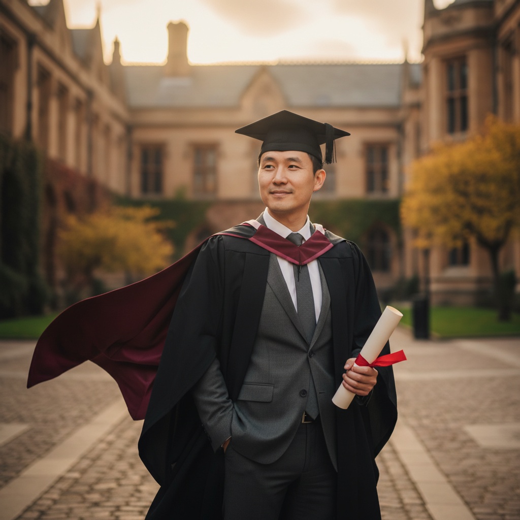 Michael, a distinguished Asian male graduate aged 33, stands confidently in an ornate university courtyard, enveloped in the warm glow of sunset. He is dressed in a classic black cap and gown, highlighted by a deep burgundy stole fluttering in the breeze. Underneath, he wears a tailored charcoal suit that emphasizes his poised stature. Clutching a rolled diploma tied with a crimson ribbon in one hand and his other hand in his pocket, he exudes relaxed confidence with a mixture of pride and contemplation in his gentle smile. The blurred background, filled with atmospheric buildings and greenery, enhances this moment of jubilation and achievement, resonating with the emotional weight of celebration and the promise of tomorrow. This scene captures the essence of a modern academic warrior ready to embrace the future, reminiscent of timeless graduation portraits.