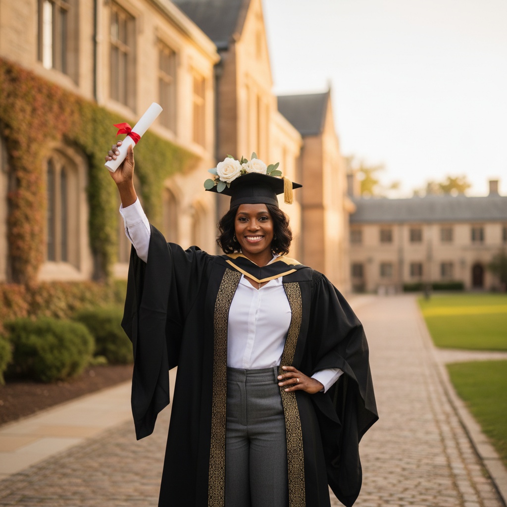 Olivia, a poised African American female graduate aged 30, stands proudly at the forefront of a picturesque university campus. She is draped in a tailored black graduation gown with an embroidered gold trim, a sharp white blouse peeking underneath, and high-waisted charcoal trousers. Her mortarboard, adorned with ivory roses and eucalyptus, rests atop her head. In one hand, she holds her diploma aloft while the other rests elegantly on her hip, embodying joy and confidence. The historic ivy-covered building in soft focus glows in the warm afternoon light, creating a nostalgic and sophisticated backdrop.