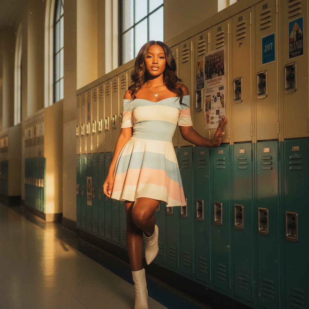 Emily, a 25-year-old black woman, stands confidently in a sun-drenched corridor of a retro high school building. She wears a stylish off-the-shoulder varsity-inspired dress made of soft cotton, adorned with pastel-hued stripes that evoke classic collegiate colors. The dress cinches at the waist, flowing into a playful A-line silhouette that sways with her movements. Her long hair cascades in effortless waves, and she accessorizes with a delicate gold chain with a tiny heart pendant. Paired with ivory leather ankle boots, she leans casually against lockers with one knee bent, exuding an air of confidence. The golden hour sunlight filters through the windows, casting a warm glow, enhancing the soft textures of her outfit amidst vintage lockers and school spirit posters, encapsulating a nostalgic yet glamorous moment.