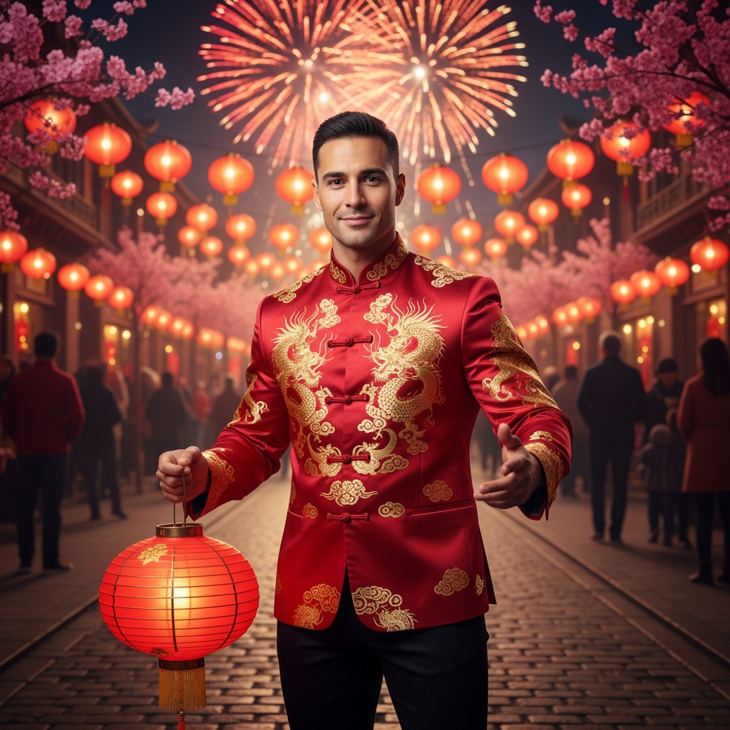 David, a striking Arab male figure aged 29, embodies the vibrant spirit of Chinese New Year in a richly detailed portrait. He's dressed in an opulent crimson silk Changsha adorned with intricate gold embroidery depicting traditional dragon motifs symbolizing power and good fortune. The jacket's mandarin collar and delicate frog buttons are tailored to accentuate his athletic build, complemented by modern black trousers. Set against a bustling street decorated with red lanterns and cherry blossom branches, the scene is alive with celebration, as festive fireworks explode in the background. David stands poised yet dynamic, holding a traditional paper lantern in one hand while the other gestures invitingly. His expression conveys serene confidence, enhanced by dramatic spotlighting that highlights the rich textures of the fabric. The mood reflects renewal, unity, and cultural pride, making this image a powerful visual narrative of contemporary festivities. The warm golden light encapsulates the atmosphere of celebration.