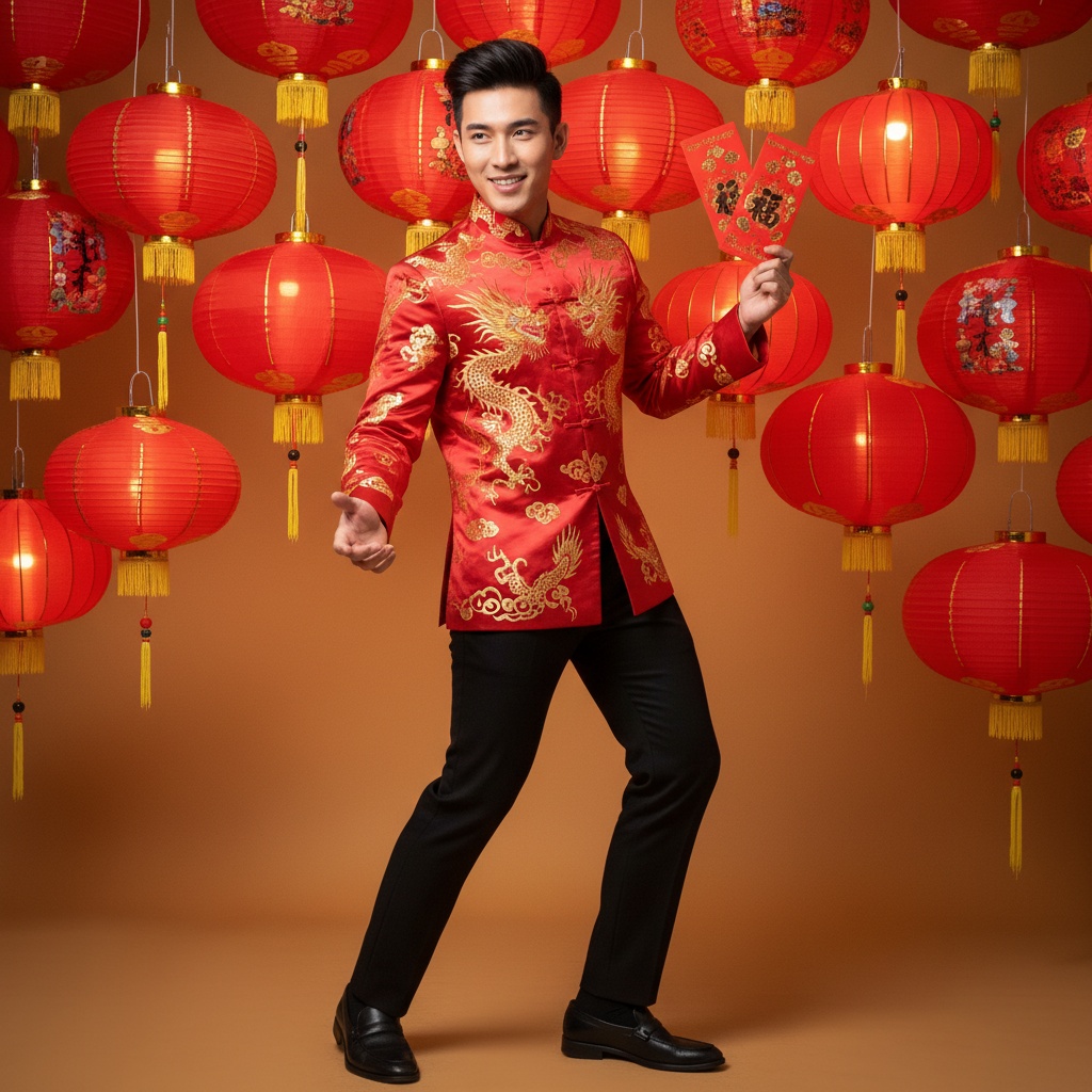James, a striking 22-year-old male model, embodies the vibrant spirit of Chinese New Year in an opulent editorial portrait. He wears a richly embroidered crimson silk Tang jacket with intricate gold dragon motifs, paired with sleek black tailored trousers. Styled in a modern quiff, he stands in a dynamic pose, gesturing invitingly while holding a traditional red envelope adorned with elaborate illustrations. The backdrop features a curated display of red and gold lanterns, creating a warm and festive atmosphere. Soft golden lighting enhances the details of his outfit and highlights his features, capturing the essence of joy and cultural heritage during the Lunar New Year celebration.