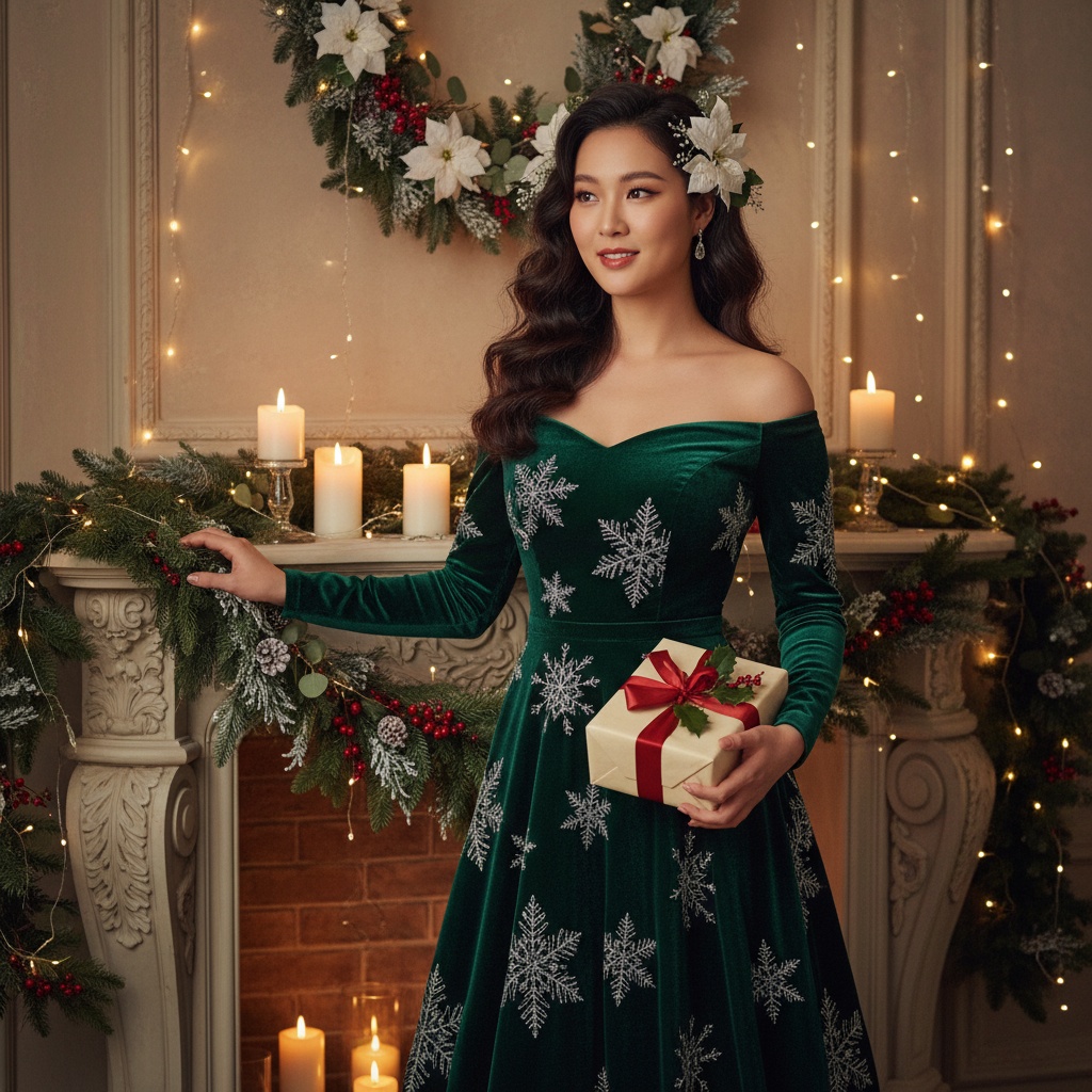 Sarah, a 27-year-old Asian woman, embodies the spirit of Christmas in a luxurious editorial setting. She is draped in an enchanting emerald green velvet gown with off-shoulder design featuring intricate hand-embroidered snowflakes in shimmering silver threads. Her hair is styled in soft, cascading waves, adorned with white poinsettias and frosted eucalyptus. The backdrop features a beautifully decorated fireplace with flickering candles and garlands of evergreen, while fairy lights create a magical atmosphere. One hand rests on the mantel, the other holding an intricately wrapped gift, conveying joy and contemplation in a warm, festive spirit. This composition speaks to the nostalgia and enchantment of a high-fashion Christmas celebration. Trigger word: Sarah.