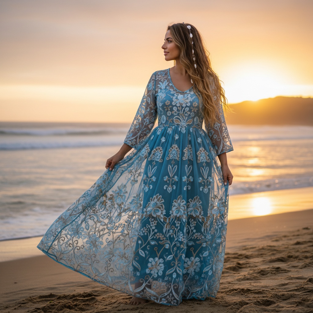 Olivia, a radiant 28-year-old Arab woman, embodies the essence of sun-kissed wanderlust against a dreamy coastal backdrop at sunset. She wears a vibrant, flowing maxi dress of azure chiffon that dances like ocean waves, enriched with intricate floral embroidery. Her hair, adorned with delicate seashells, flows freely in loose beachy waves as she gazes toward the horizon, conveying a sense of freedom and exploration. The soft, diffused lighting and gentle breeze create an ethereal atmosphere, inviting viewers into a world of holiday bliss, nostalgia, and wanderlust, all encapsulated in this beautiful moment.