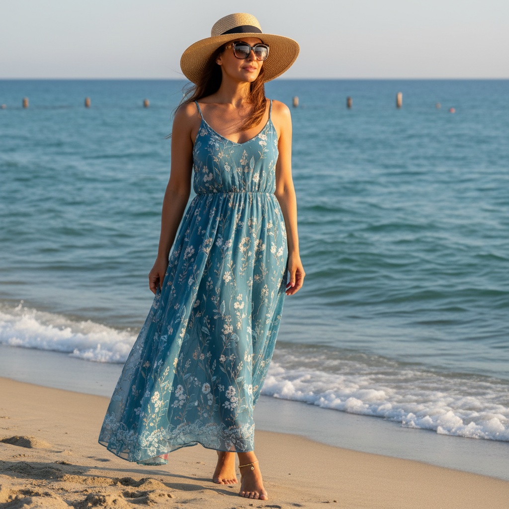 Sarah, a 30-year-old Middle Eastern woman exuding effortless sophistication, framed against a sun-drenched Mediterranean backdrop. She wears an airy, floor-length sundress in captivating azure chiffon with delicate hand-embroidered floral details. Her sun-kissed skin glows, and she accessorizes with oversized sunglasses and a wide-brimmed straw hat. A gold anklet glimmers as she strolls barefoot along the sandy shore, slightly off-center, emphasizing the vast sparkling ocean. Soft, natural light creates an ethereal halo effect, capturing the essence of wanderlust and summer leisure.