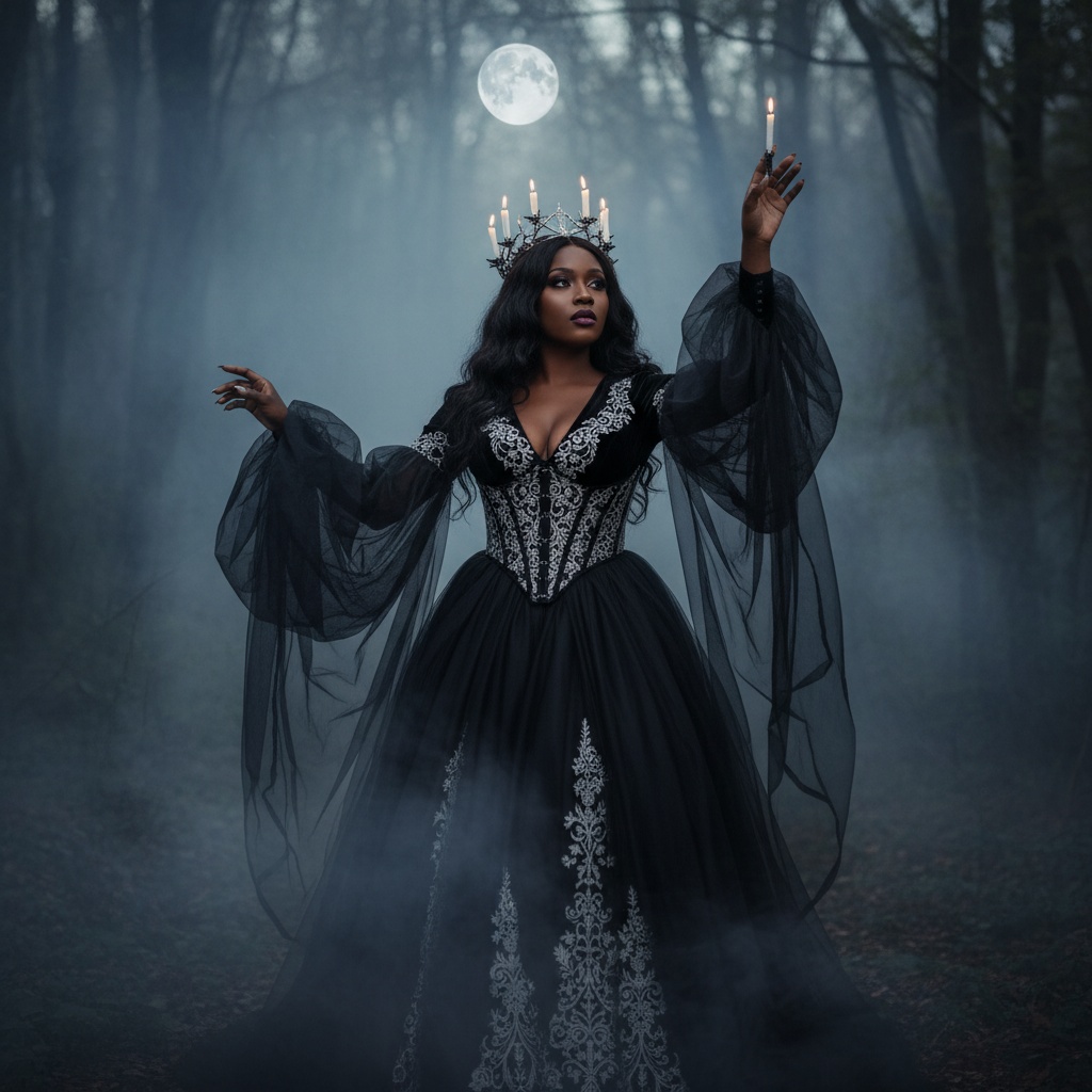 Emily, a striking 31-year-old black woman, embodies a modern witch in a dramatic Halloween editorial. She stands in a moody, dimly lit forest, surrounded by an ethereal mist. Her dramatic floor-length gown of deep black tulle and velvet features long billowing sleeves and intricate lace detailing. A corseted bodice with silver threading cinches her waist, and a plunging neckline adds modern boldness. Her dark, flowing hair cascades in waves, adorned with a crown of silver thorns and small candles. Her smoky eye makeup and dark plum lips enhance her haunting allure. Caught in a dynamic pose, she casts a spell with one hand, while reaching for a full moon overhead, surrounded by the chiaroscuro effect emphasizing her features and the mysterious atmosphere.