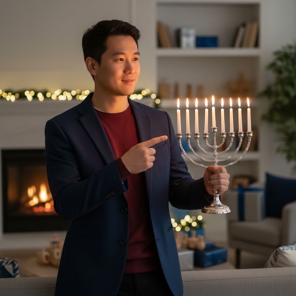 Michael, a 27-year-old Asian man exuding warmth and charm, embodies the spirit of Hanukkah in a modern, festive setting. He is dressed in a tailored navy blazer and a soft cashmere sweater in a rich merlot hue, holding a beautifully crafted menorah with its candles aglow, lighting up his thoughtful expression. The inviting living room is elegantly decorated with dreidels and gifts, creating a cozy atmosphere enhanced by soft, warm lighting reminiscent of candlelight. He stands with a casual yet poised demeanor, one hand gesturing towards the flames, signifying the importance of tradition and reflection. With a slight smile, he radiates joy and embodies family and togetherness during this cherished holiday, capturing the fusion of modernity and tradition.