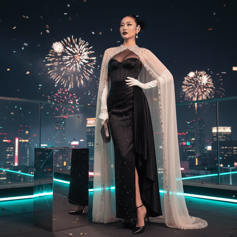 Jane — HYPER-REALISTIC, photorealistic, museum-grade fashion editorial brief
1) Editorial Context:
A midnight threshold where one year dissolves into the next, fusing Studio 54 decadence with the precision minimalism of contemporary Tokyo rooftops. A visual ode to reinvention and momentum, evoking the chiaroscuro drama of Caravaggio and the crystalline glamour of late-’90s Vogue Italia. Confetti becomes meteors; fireworks become baroque backlights. An image that captures the quiet command of a modern empress poised to claim the new year.
2) Subject Characterization:
A 26-year-old Asian woman, Jane, statuesque yet intimate, her presence elegant and assured. She radiates the magnetic allure of a femme fatale while projecting the vulnerable strength of someone stepping into her future with clarity.
3) Fashion Narrative:
- Gown: A couture column in onyx mikado silk with moonstone micro-paillettes scattered like a night sky; a sculpted, corseted bodice with princess seams and a tulle illusion décolleté; bias-cut panels that release into hand-pleated cascades, slit mid-thigh for kinetic movement. Hem subtly horsehair-braided for architectural volume.
- Outer layer: Sheer chiffon georgette opera cape in champagne, hand-beaded along the edge with crystal baguettes to refract the city lights.
- Accessories: Ivory satin opera gloves; a mirror-finish, charcoal metallic minaudière; asymmetric ear cuff with pavé diamonds and a single moonstone teardrop; slender onyx-strap stilettos with mirror-chrome heels.
- Beauty: Glass-skin finish with luminous strobing along the cupid’s bow and cheekbones; graphite winged liner; merlot-stained lip with a lacquered glaze; hair in a sleek, high ballet knot with a whisper of baby hairs set like calligraphy.
4) Pose Choreography:
The spine draws a graceful S-curve; shoulders back, projecting regal authority. One hip subtly cocked toward camera, weight set on the back leg to lengthen the silhouette. The neck elongated like a swan; chin slightly lowered for intensity, eyes lifted under the brow. Right hand at the waistline, wrist articulated with ballerina precision; left hand grazes the cape’s edge as if commanding the air—movement frozen in time. The body language speaks of inner steel and forward motion.
5) Environmental Design:
A glass-balustraded rooftop overlooking a neon-drenched skyline; distant fireworks bloom into soft, prismatic bokeh. The terrazzo floor is lightly misted for reflective sheen, catching champagne highlights and moonstone glints from the gown. A single polished steel plinth stands nearby like a minimalist throne, reflecting the subject in fragmented geometry. Negative space to frame the figure, the city staged as a supporting chorus, never competing.
6) Technical Execution:
- Lighting: A controlled butterfly key with a silver beauty dish to create an ethereal, high-gloss glow; a narrow Rembrandt fill sculpting cheekbones; twin rim lights gelled in subtle cyan and magenta to echo the city’s chroma and separate the silhouette; a low HMI backlight kissing the cape to ignite the beadwork. Chiaroscuro preserved for dimensionality.
- Camera & Composition: 85mm prime, f/1.8 for shallow depth isolating the subject; shutter ~1/200 to catch confetti mid-air; ISO 100 for crystalline detail. Low, three-quarter angle to ennoble the stance. Golden ratio alignment of the figure, horizon on lower third, negative space to the right for fireworks crescendo. Tilt subtly to introduce dynamic tension.
- Detail Priority: Macro-level clarity on mikado silk weave, hand-beaded edges, and glove sheen; skin texture remains authentic—pore-level fidelity without over-retouching.
7) Emotional Resonance:
A portrait of ascension—radiant poise meeting urban velocity. The image should feel like the precise moment a new chapter clicks into place: elegant, unstoppable, quietly transformative. A cover-worthy vision that crystallizes New Year glamour into a timeless emblem of power and possibility.