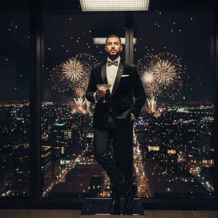 HYPER-REALISTIC, photorealistic. Editorial Context: “Midnight Ascension” — a celebratory portrait at the cusp of a New Year, blending the glittering decadence of late-night glamour with modern restraint. Think Studio 54’s midnight charge distilled into contemporary minimalism, the promise of reinvention suspended in a single breath before the countdown. Subject Characterization: John, a 29-year-old Arab male, exuding quiet, magnetic authority — the gaze measured, the presence statuesque yet intimate, capturing the vulnerable strength of a modern leading man. Fashion Narrative: Tailored onyx velvet tuxedo jacket, single-button, shawl lapel faced in duchesse satin with hand pad-stitching visible at the roll; structured shoulders and suppressed waist for architectural sharpness. Underneath, an ivory piqué bib shirt with French cuffs and mother-of-pearl studs; a mikado silk self-tie bow in moonstone; charcoal grosgrain cummerbund; pressed tuxedo trousers with a razor crease and satin side galon. Patent leather wholecut oxfords polished to a mirror. Accessories: a slim vintage tank watch in yellow gold, a polished onyx signet ring, and an ivory silk pocket square with hand-rolled edges. Grooming: close-cropped hair, clean-lined beard, skin luminous with a champagne sheen along the cheekbones. Pose Choreography: The spine creates a subtle S-curve as John leans lightly against a floor-to-ceiling window mullion; shoulders back, projecting regal authority. One hand cradles an oversized Murano-style champagne coupe at hip level, wrist angled with the elegance of a ballerina; the other slips into the trouser pocket, thumb hooked, suggesting movement frozen in time. Chin slightly elevated, the neck elongated like a swan; weight favoring the back leg in a refined contrapposto, feet shoulder-width for grounded confidence. Environmental Design: A glass-walled penthouse at night overlooking a city skyline aflame with fireworks; the distant bursts paint the horizon in champagne, moonstone, and merlot. A minimal mirrored plinth at knee height serves as a subtle “throne,” its reflections riffing on the tuxedo’s luster. Confetti drifts like metallic snow, catching stray highlights; negative space to camera-left provides visual breathing room and frames the subject like a living sculpture. Technical Execution: Key light is a gridded octabank above lens axis (butterfly lighting) to sculpt cheekbones; subtle Rembrandt triangle on the far cheek for dimensionality. Two narrow rim lights kiss the velvet shoulders, revealing pile without blowing the blacks. Background bokeh from city lights at T1.8, 85mm prime; shallow depth of field isolates John, tilt slightly corrected to maintain architectural lines. Drag shutter with second-curtain sync captures a whisper of confetti motion while holding the subject tack-sharp. Golden ratio placement of the face; horizon line low for grandeur; chiaroscuro maintains dramatic contrast while preserving skin fidelity. Macro-resolve texture: velvet pile, duchesse satin sheen, piqué bib weave, and micro-beads of condensation on the coupe. Emotional Resonance: A study in poised anticipation — the sovereign calm before the countdown — radiating disciplined opulence and the quiet confidence of a man ready to author the year ahead. The image should feel timeless yet immediate, a cultural artifact of celebration and self-invention. Include: New Year ambiance, fireworks, OD color palette: onyx, ivory, champagne, moonstone, merlot accents. Subject: John, 29, Arab male. Vogue-level, museum-grade editorial fidelity.