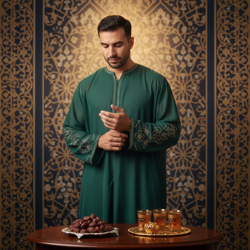 David, a 34-year-old Latin male figure embodying the serene spirit of Ramadan, stands against an opulent backdrop of intricate Arabesque patterns. He is draped in a modern deep emerald green thobe, tailored from lightweight chiffon georgette, adorned with subtle gold embroidery, exuding dignified elegance. His contemplative pose, with hands gently clasped, reflects peace and introspection. The warm, diffused lighting creates a halo-like glow, reminiscent of the setting sun during iftar. The scene features a polished wood table with delicately arranged dates and intricate tea glasses, symbolizing hospitality and community, encapsulating the beauty and cultural depth of Ramadan. The photograph resonates with the celebration of faith, reflection, and familial bonds.