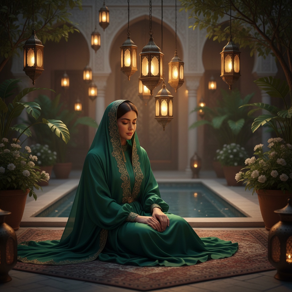 Sarah, a captivating 23-year-old Arab woman, embodies the grace and spirituality of Ramadan in a beautifully adorned courtyard illuminated by glowing lanterns. She wears a flowing emerald green hijab made of luxurious chiffon, intricately embroidered in gold, paired with a delicate silk georgette gown featuring a high neckline and long sleeves. Her serene pose, with hands clasped, radiates inner peace amidst lush foliage, creating a tranquil oasis at dusk. The warm, inviting lighting creates a chiaroscuro effect that emphasizes her features and attire, evoking reflection and cultural pride. The composition adheres to the golden ratio, enhancing the emotional warmth of the scene.
