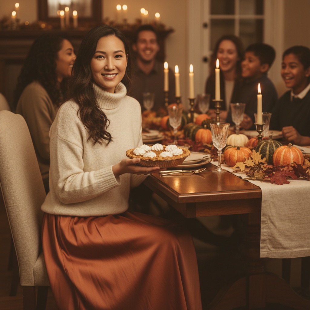 Olivia, a 33-year-old Asian woman, exuding warmth and grace in a radiant Thanksgiving setting. She wears a sumptuous ivory cashmere turtleneck and a flowing burnt orange silk maxi skirt, styled with loose, romantic waves in her hair. Surrounded by a beautifully arranged dining table decorated with vivid gourds, golden leaves, and taper candles, she cradles a freshly baked pumpkin pie, inviting warmth and togetherness. Soft, flickering candlelight envelops her, capturing the cozy intimacy of the Thanksgiving gathering, creating a nostalgic and warm atmosphere.