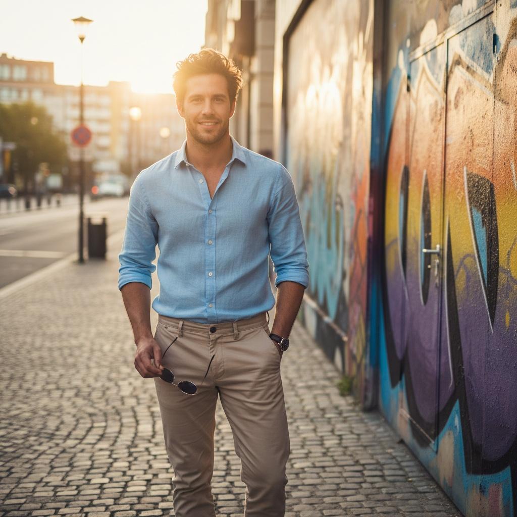 Smiling man in a light blue shirt and beige pants standing confidently on a cobblestone street, with a colorful graffiti mural in the background and sunlight glowing softly behind him.