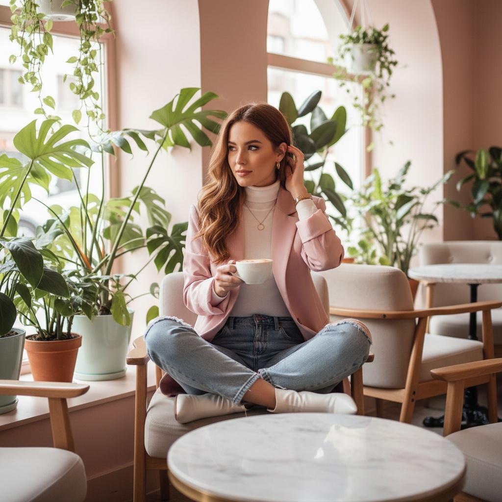 A woman sitting cross-legged in a stylish café, wearing a pink blazer and sipping from a cup, surrounded by lush green plants and modern furnishings.