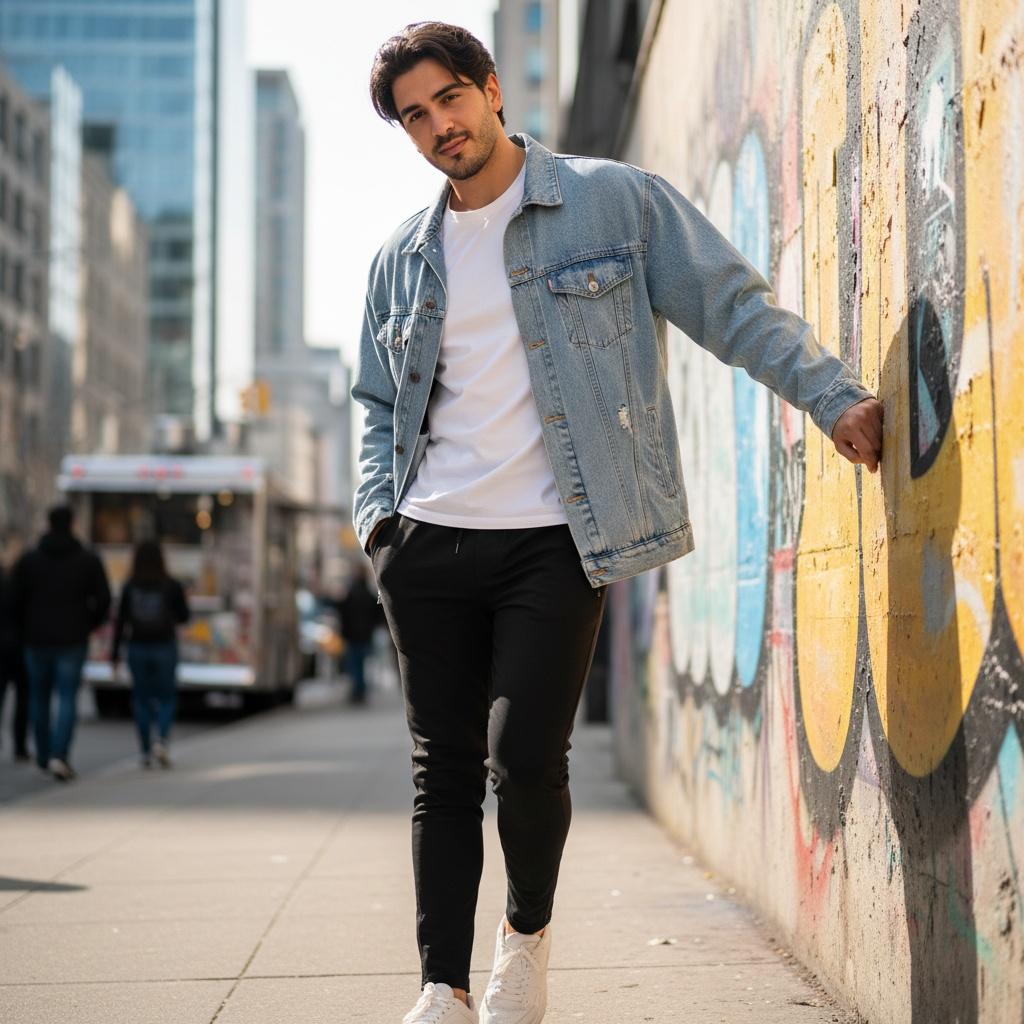 Young man in a denim jacket and white t-shirt poses against a colorful graffiti wall in an urban setting, showcasing a casual street style.