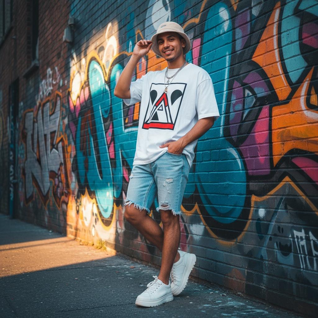 Young man standing against a colorful graffiti wall, wearing a white graphic t-shirt, denim shorts, and white sneakers, smiling and holding a hat.