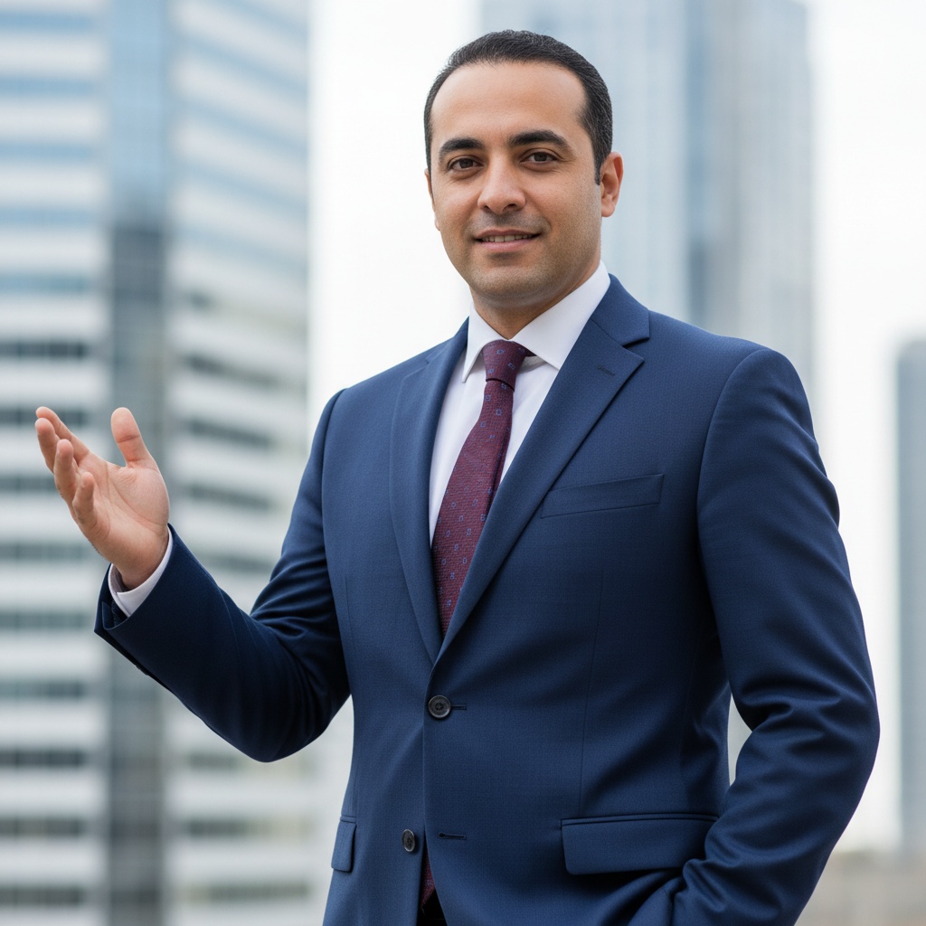 Business professional in a blue suit and maroon tie, standing outdoors with skyscrapers in the background, gesturing with his hand.