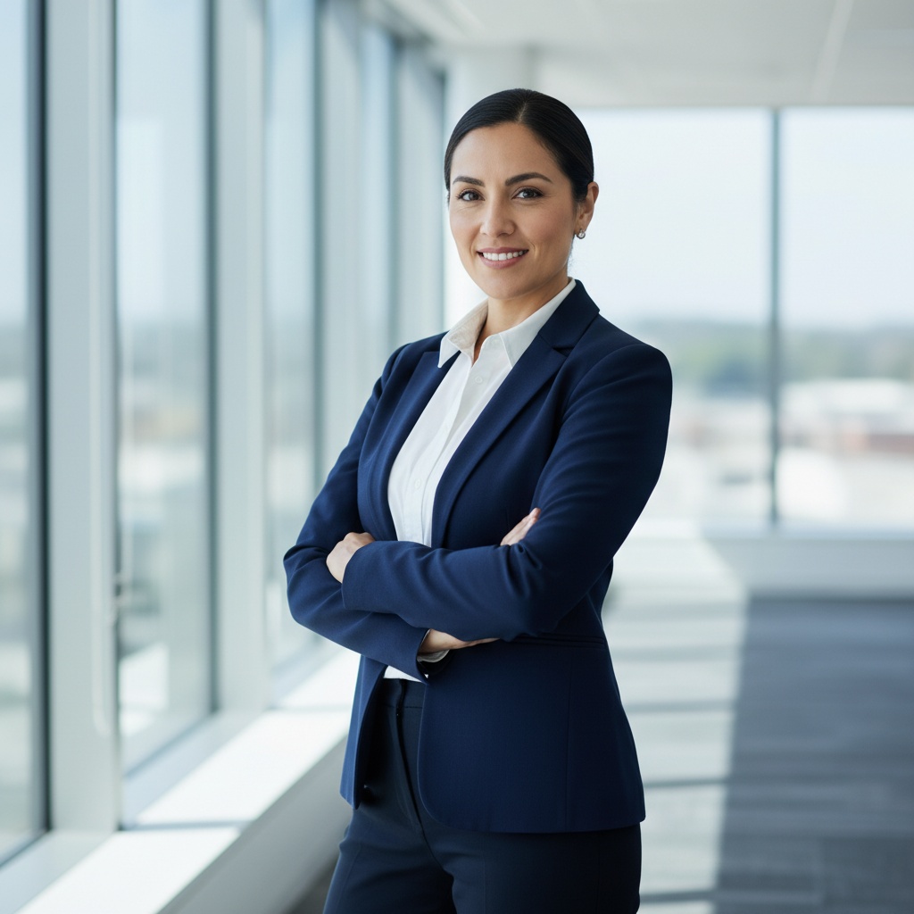Confident businesswoman in a navy suit standing with arms crossed in a modern office environment, featuring large windows and natural light.