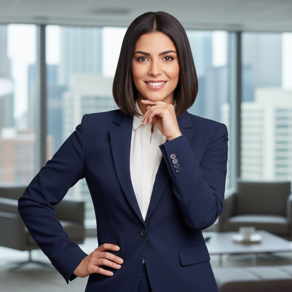 Confident businesswoman in a navy suit, smiling and posing with hand on chin, in a modern office setting with city skyline background.
