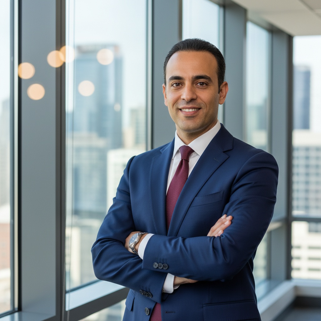 Confident businessman smiling with arms crossed, dressed in a navy suit and burgundy tie, standing in a modern office with a cityscape backdrop.