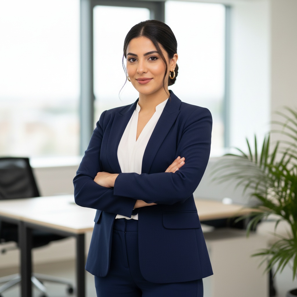 Confident young professional woman in a blue suit, standing with arms crossed in a modern office space with large windows and greenery.