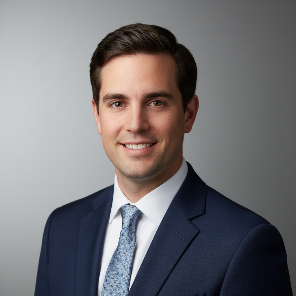 Professional headshot of a man wearing a navy suit and patterned tie, smiling against a light gray background.